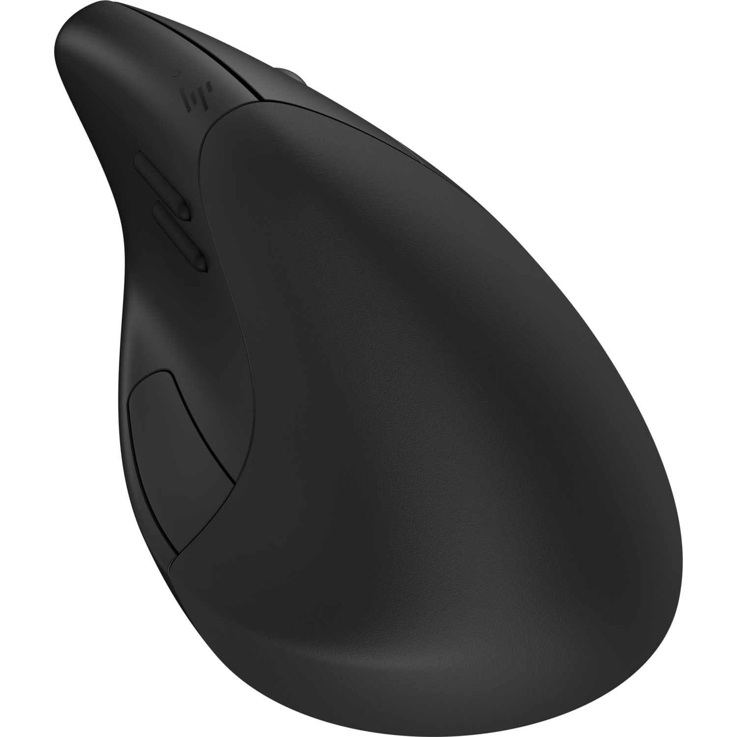 Black ergonomic mouse with two side buttons and the HP logo.