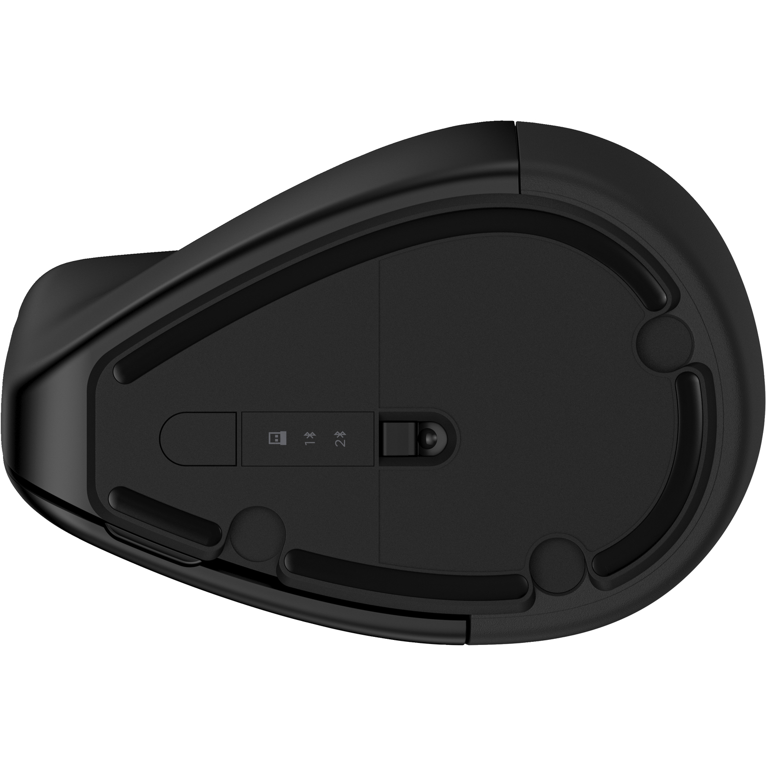 Black mouse, bottom view. Shows the base, buttons, and a power switch.