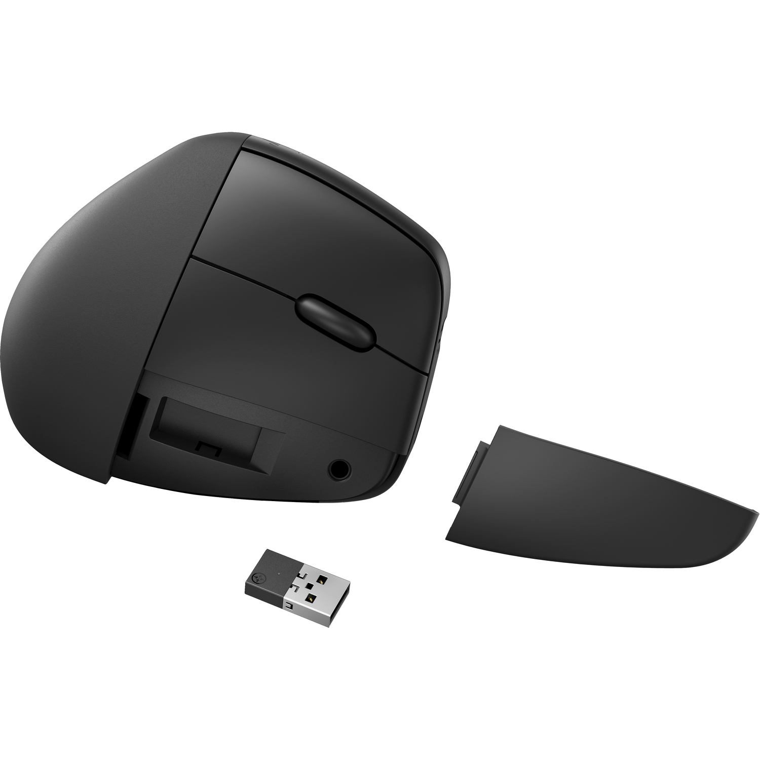 A black ergonomic mouse with a detached cover and a USB receiver on a white background.