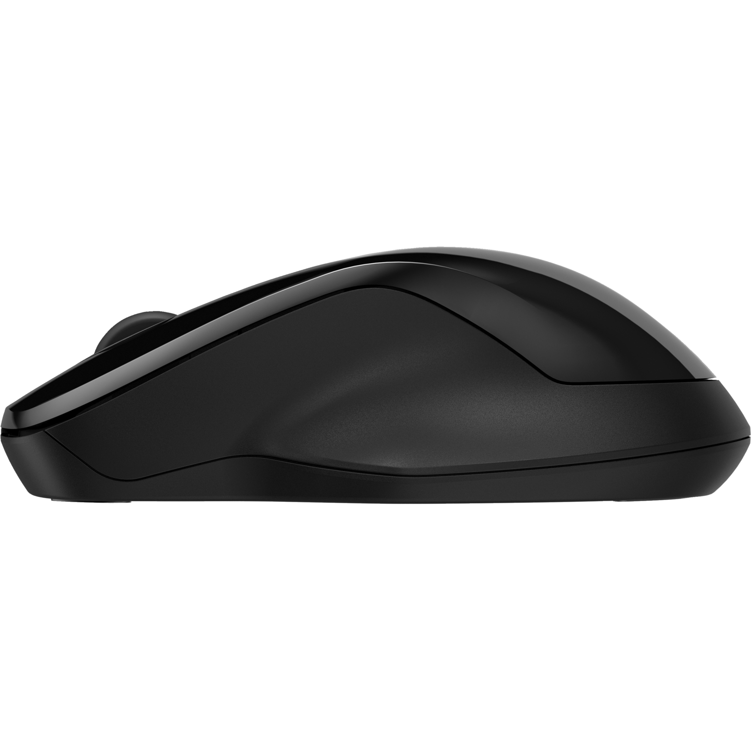 Zwarte computermuis. Zijaanzicht, gebogen ontwerp, met een zwart scrollwiel.