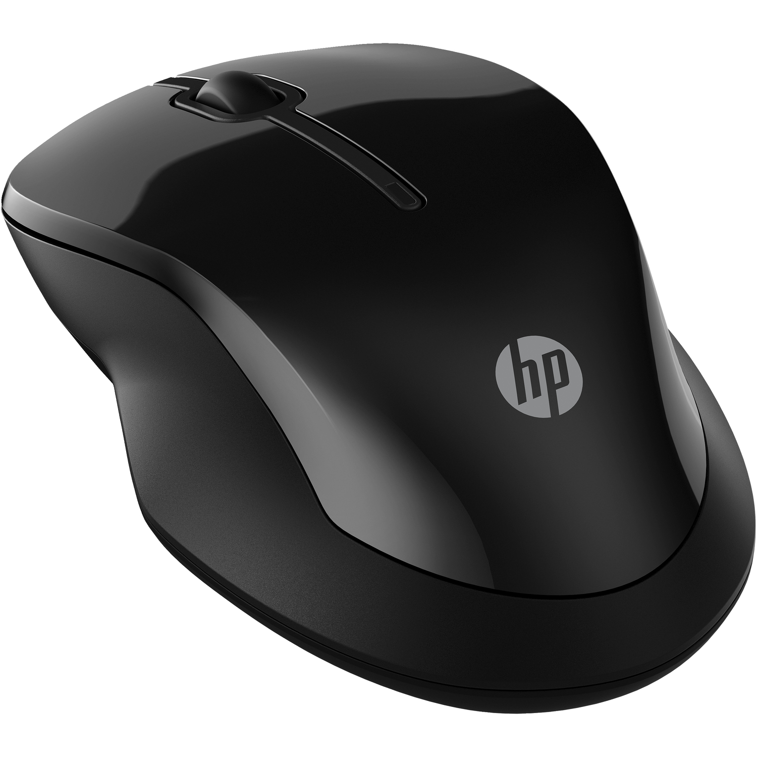 Een zwarte draadloze HP-muis op een witte achtergrond. Hij heeft een scrollwiel en een logo.