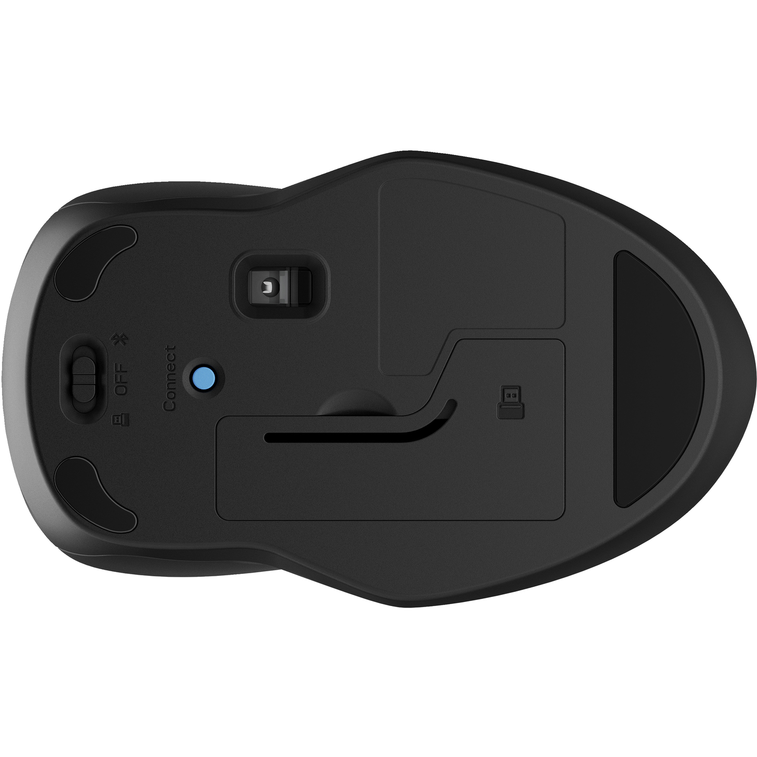 Een zwarte computermuis met een Bluetooth- en connect-knop aan de onderkant.