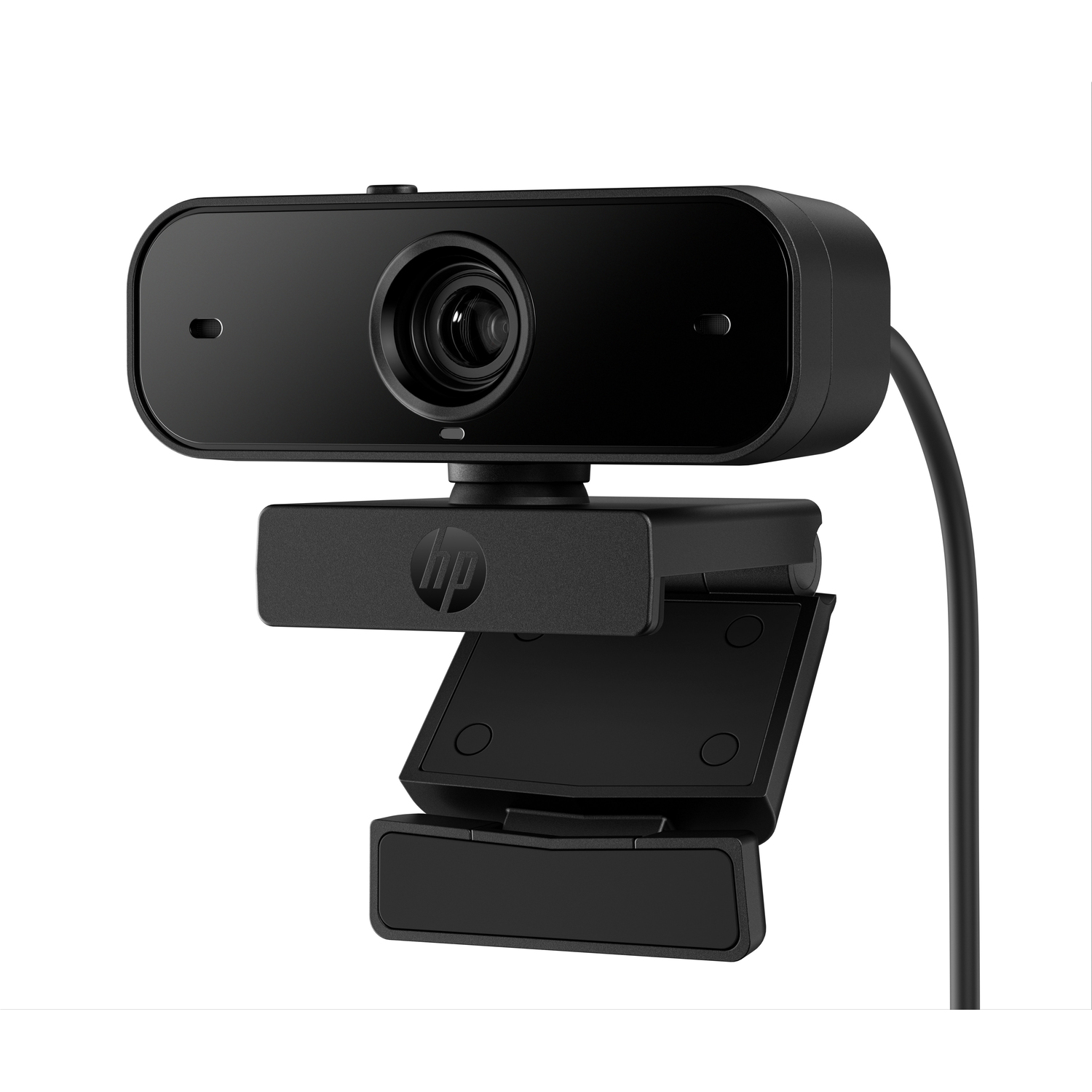 Webcam HP noire avec objectif et base, sur fond blanc.