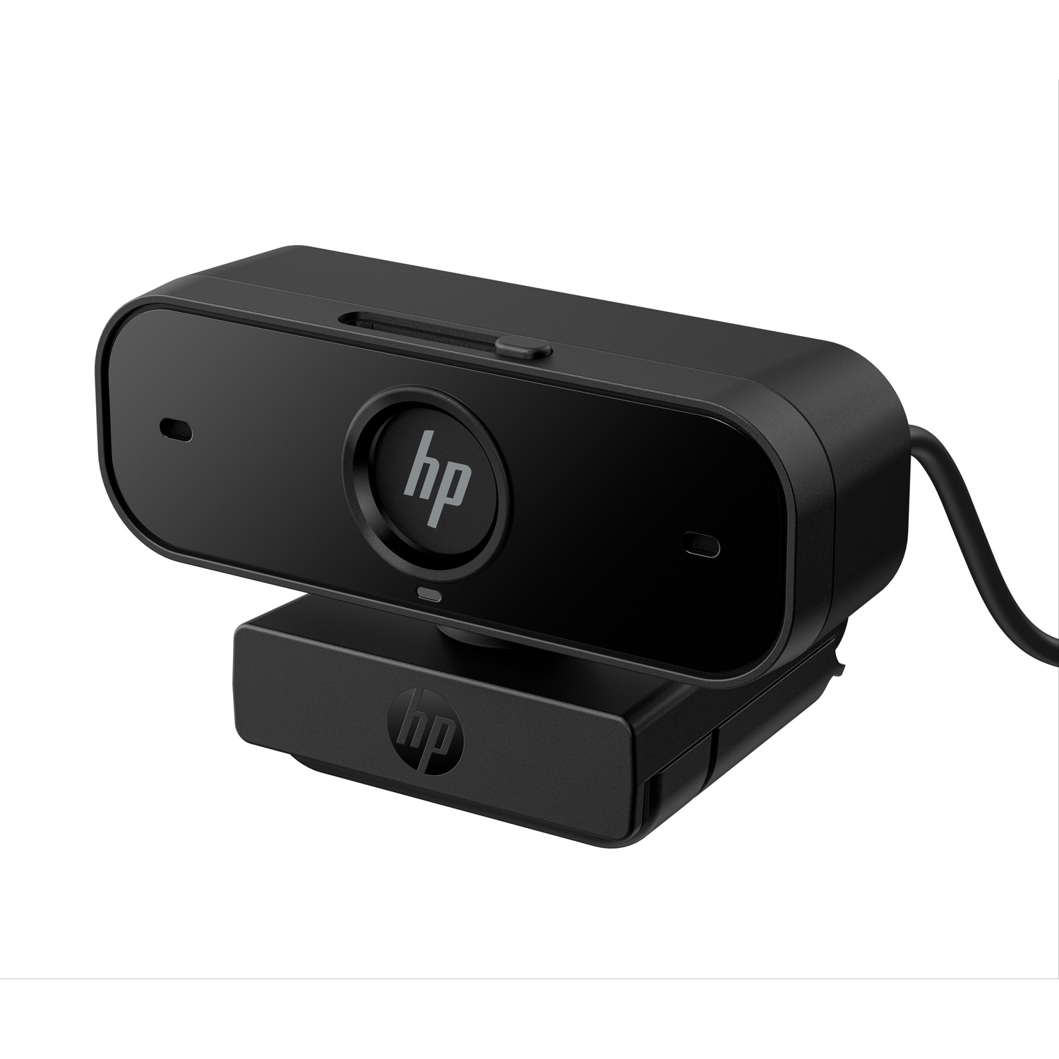 Webcam HP noire, vue en angle. Comporte le logo HP et un petit curseur. Montée sur une base.