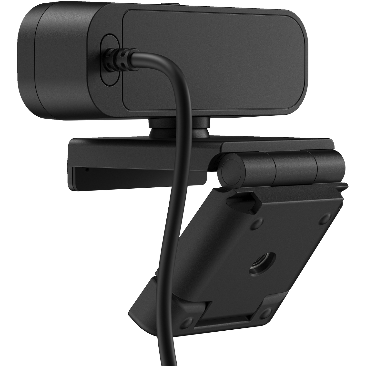 Webcam noire fixée à un moniteur avec un câble et un support.