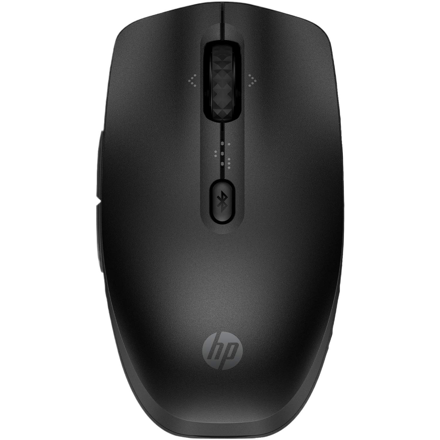 Souris sans fil HP noire avec molette de défilement et bouton Bluetooth, sur fond blanc.