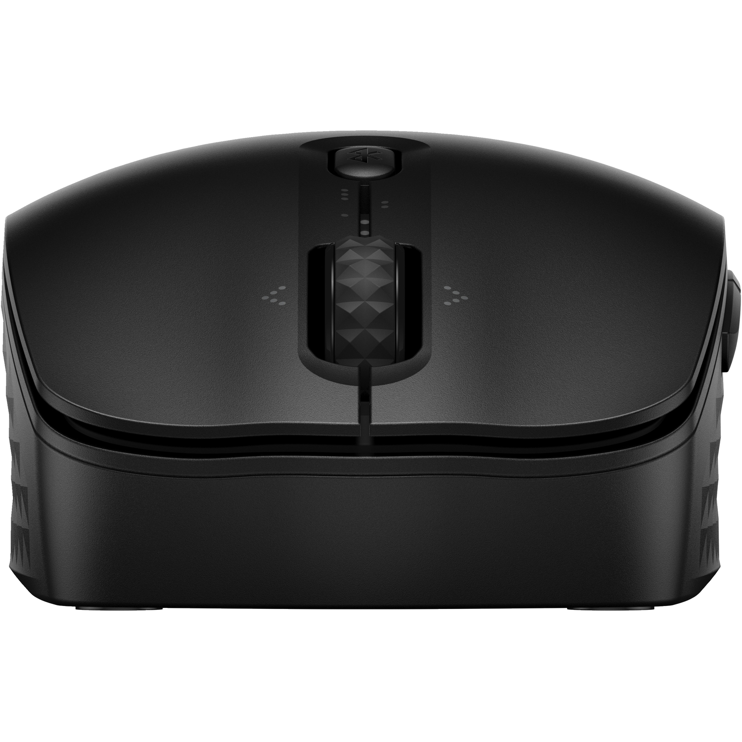 Souris d'ordinateur noire, vue de dessus, isolée.