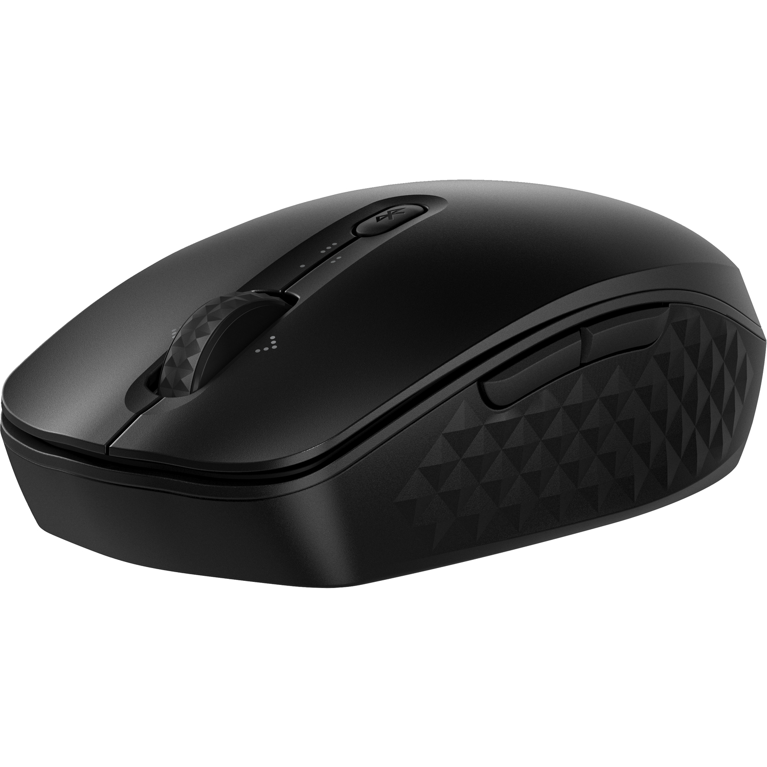 Souris noire avec côté à motifs de diamants, trois voyants LED et une molette de défilement.