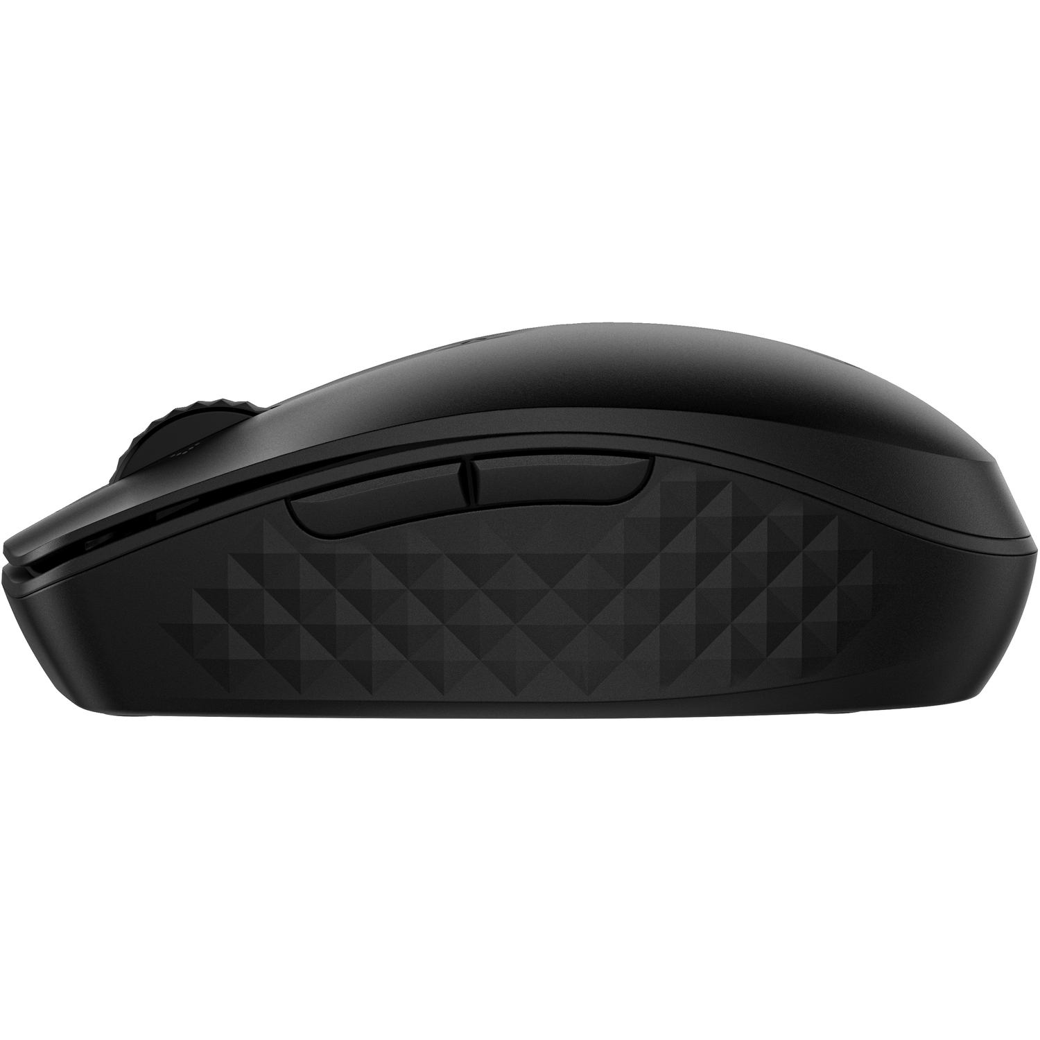 Souris sans fil noire avec un design texturé sur le côté avec des boutons et une molette de défilement. Vue latérale.
