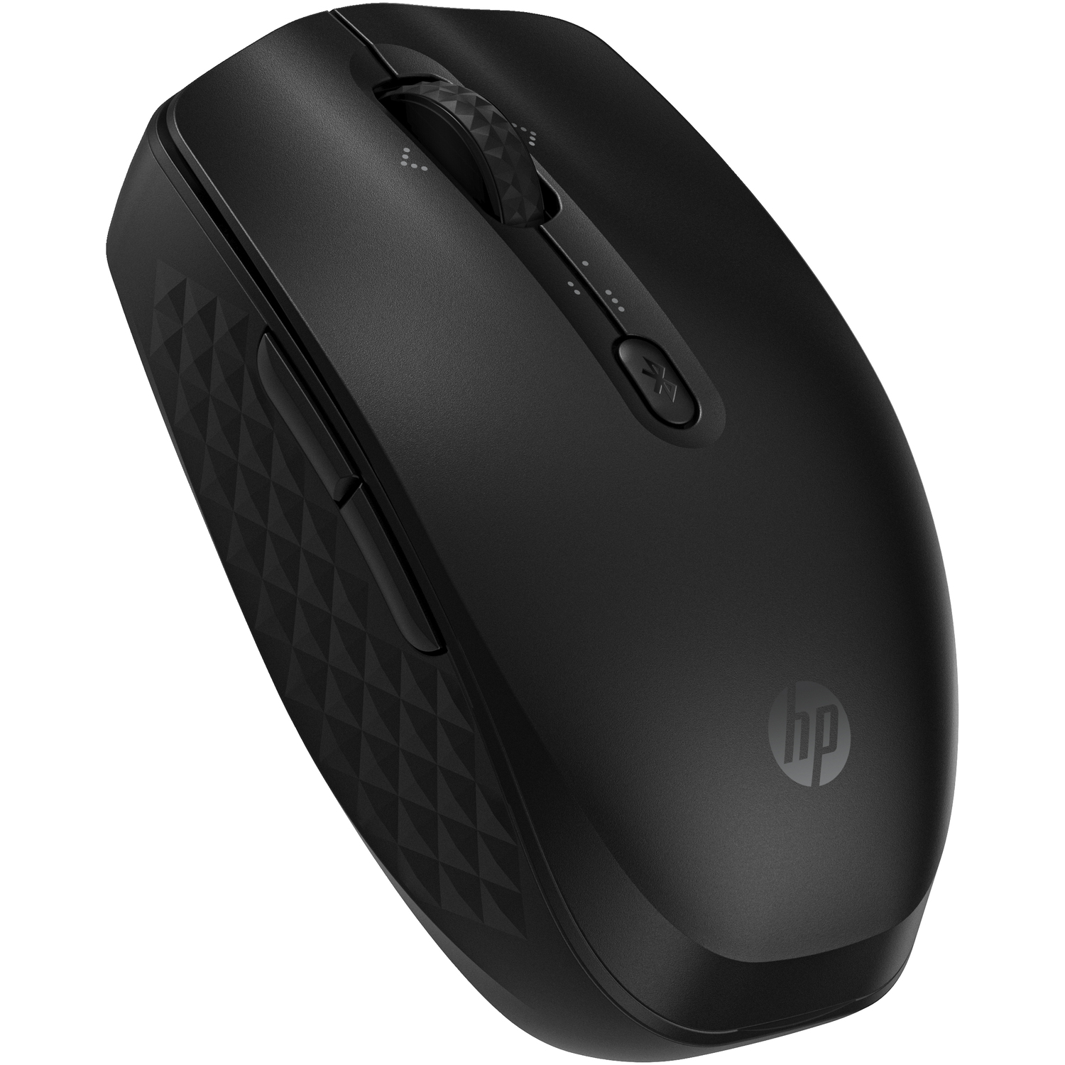 Souris d'ordinateur noire. Vue de dessus, avec molette et boutons. Logo HP.