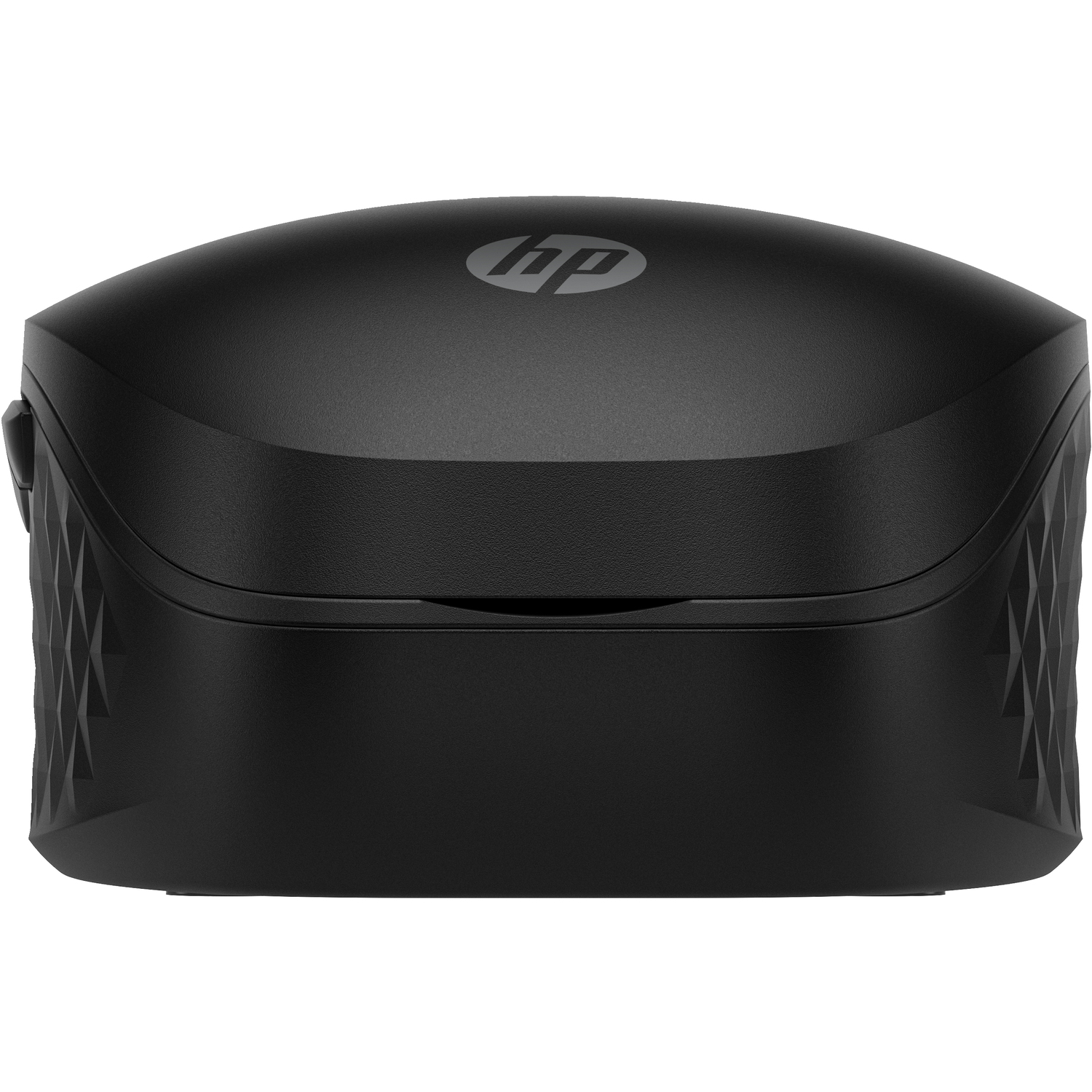 Souris HP noire, vue de dessus, avec le logo HP et un côté texturé.