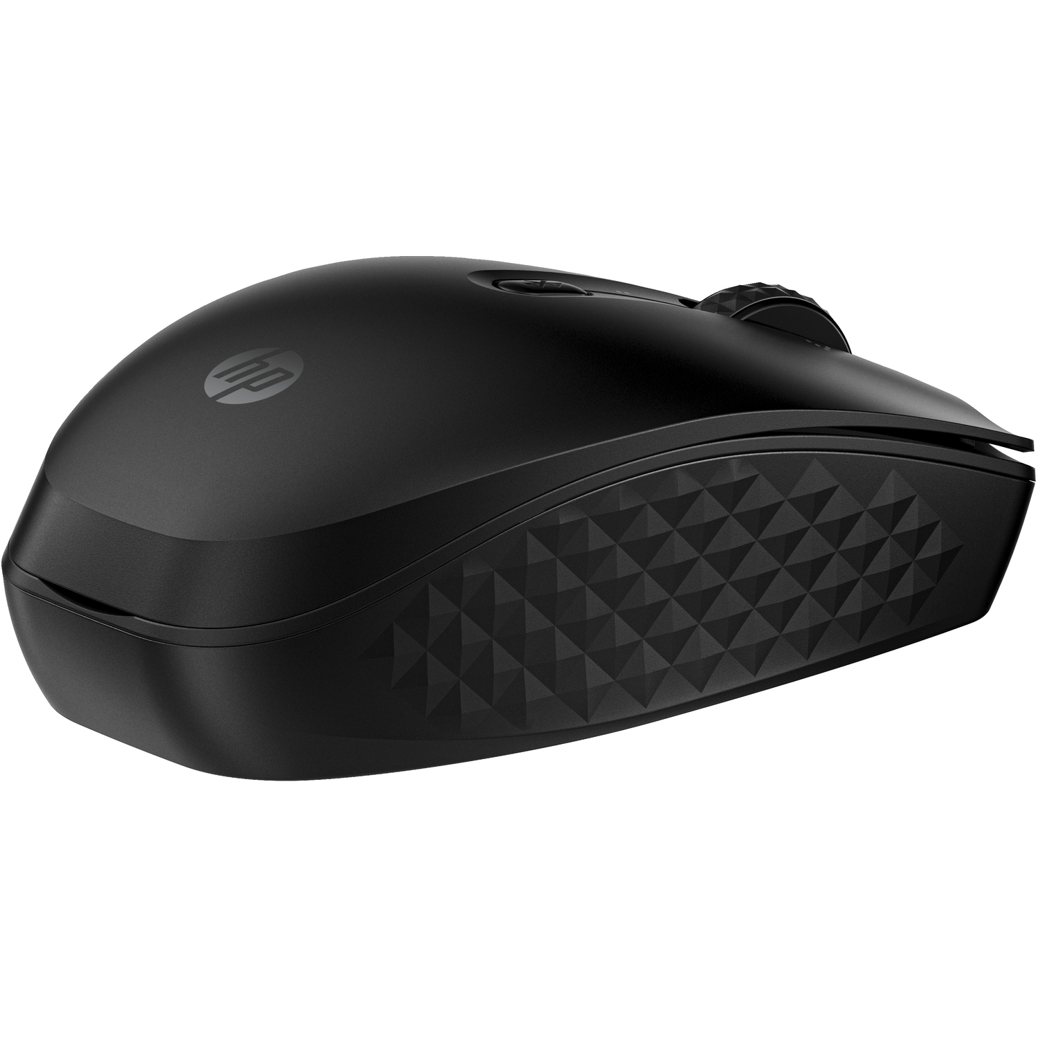 Souris d'ordinateur noire avec un motif en losanges sur la base et un logo HP.