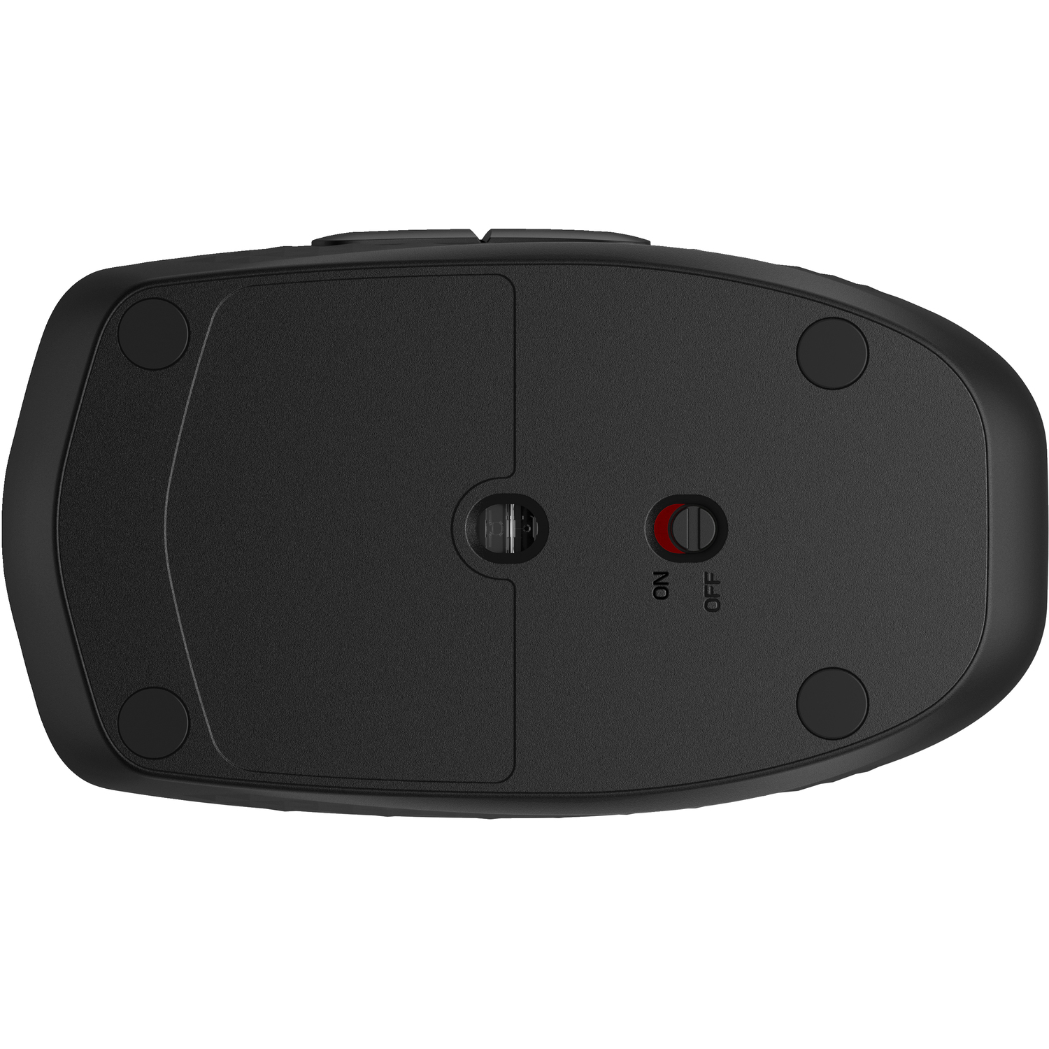 Dessous d'une souris d'ordinateur noire avec un interrupteur marche/arrêt et quatre pieds en caoutchouc.