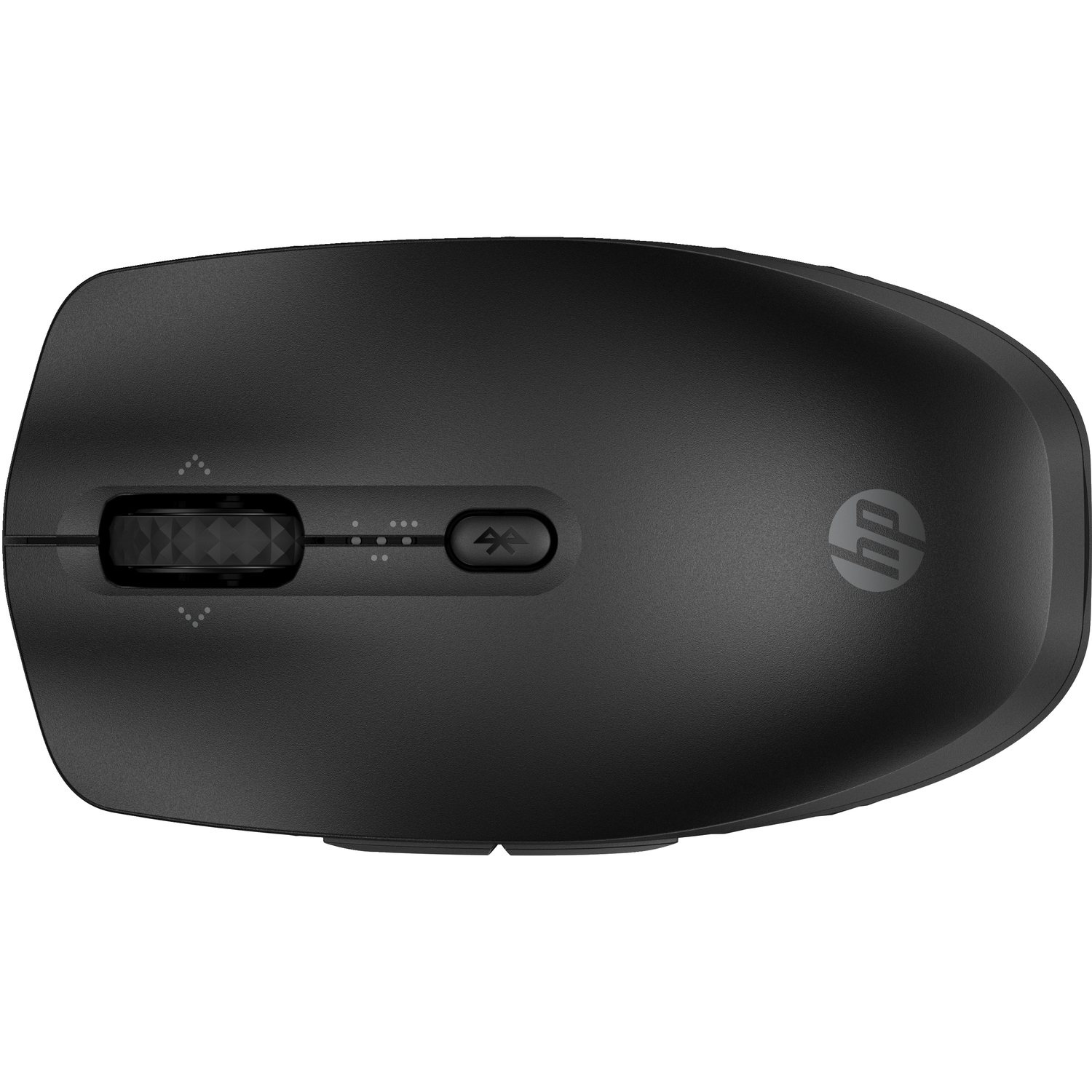 Souris HP noire, vue de dessus. Elle possède une molette, des boutons et un indicateur Bluetooth.