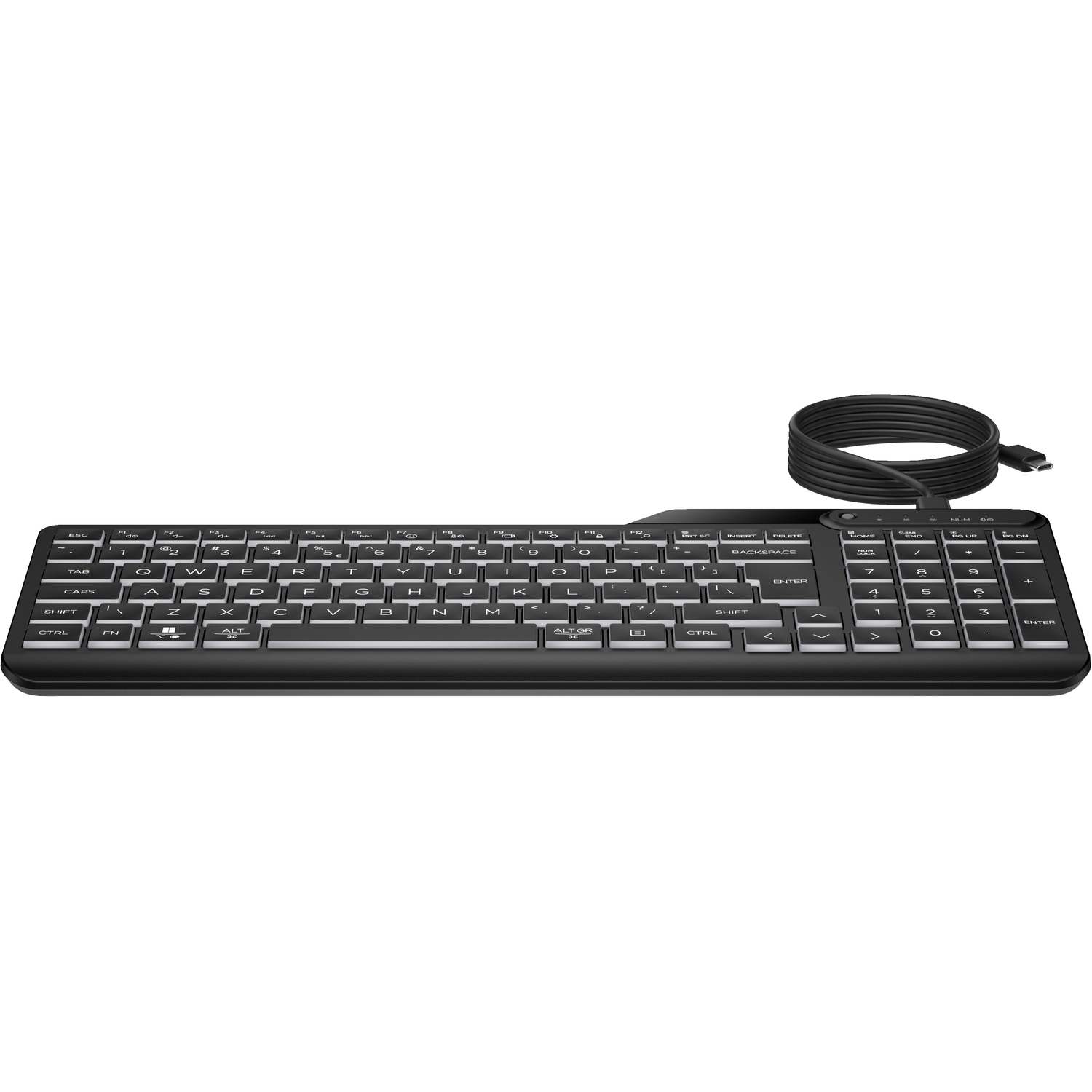Black keyboard with white keys, a number pad, and a black attached cable.
