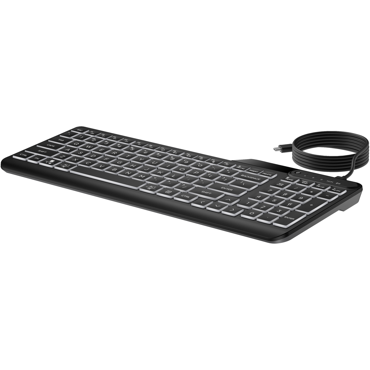 A black keyboard with white letters. It has a number pad and a USB cable.