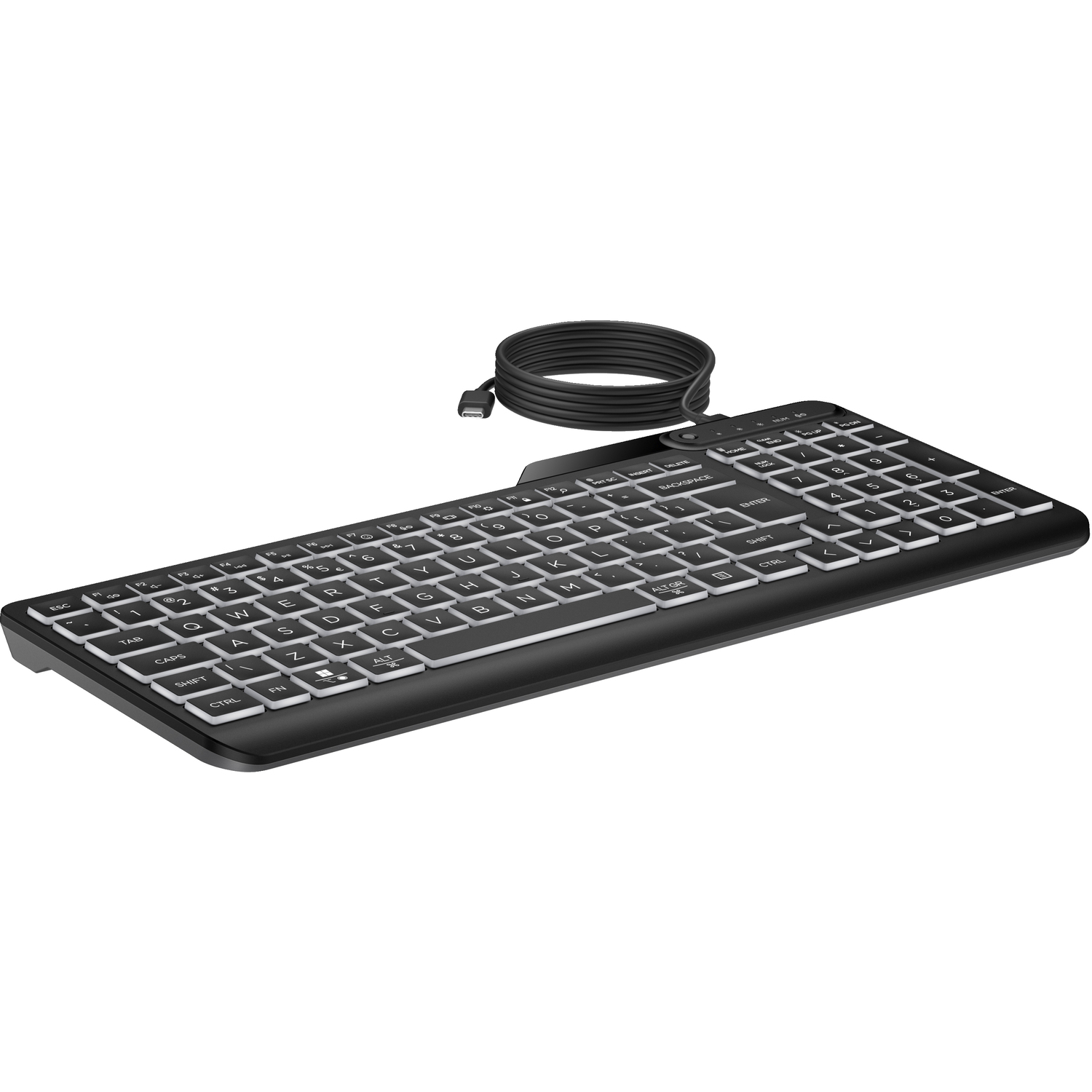 A black keyboard with white keys and a USB cable attached. It has a standard layout.