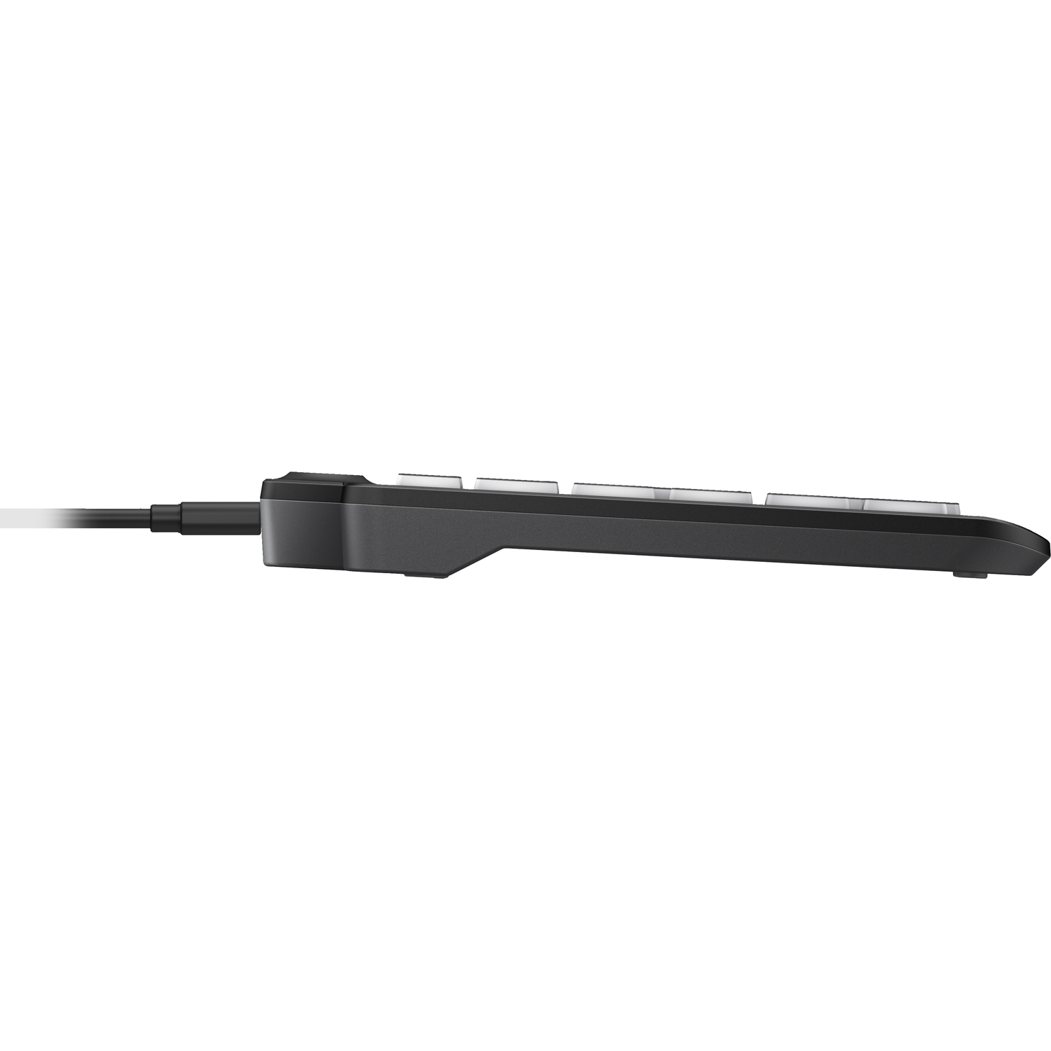 A black keyboard. It is a side view. The cable is visible. White background.