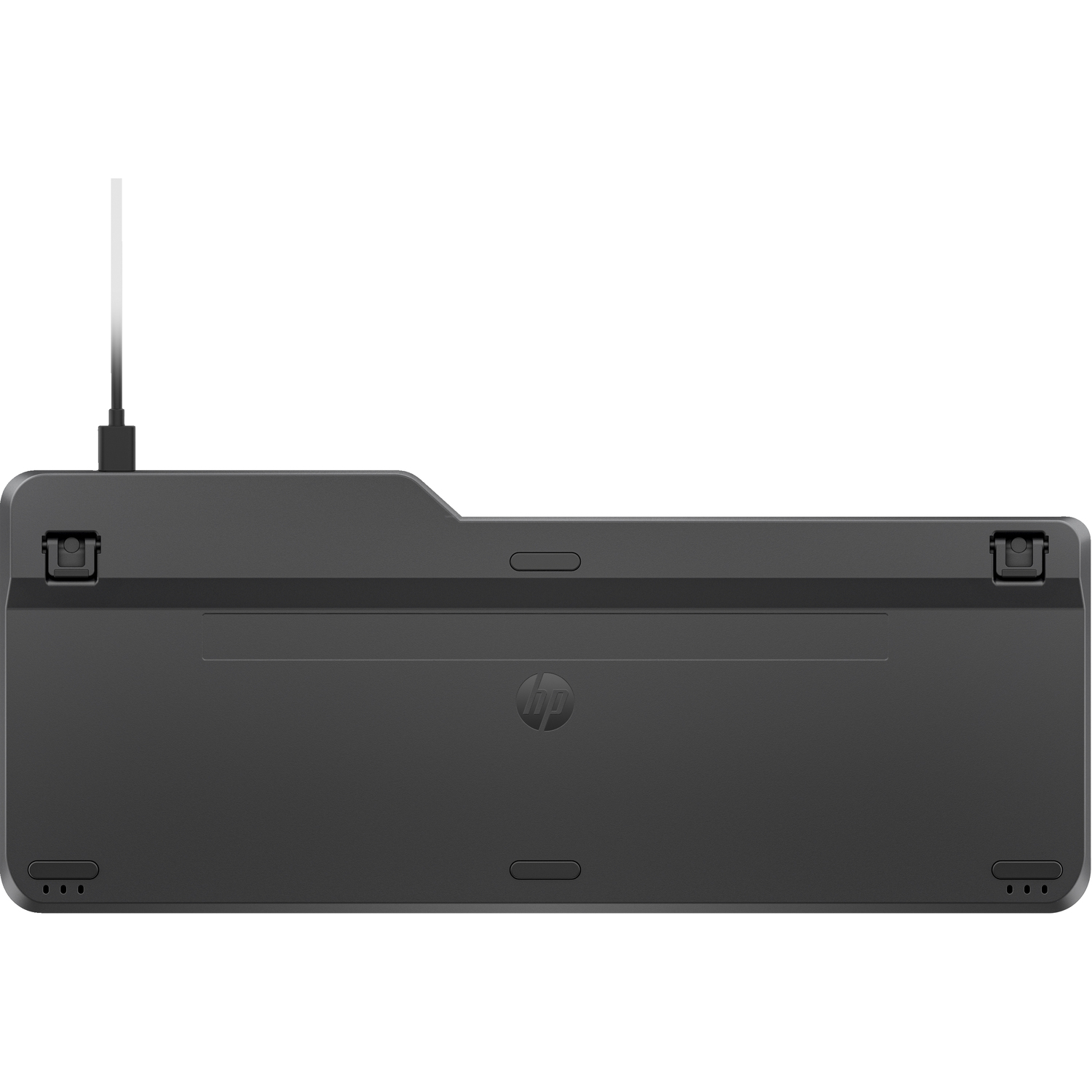 Underside of a black HP keyboard with the HP logo and a cable.