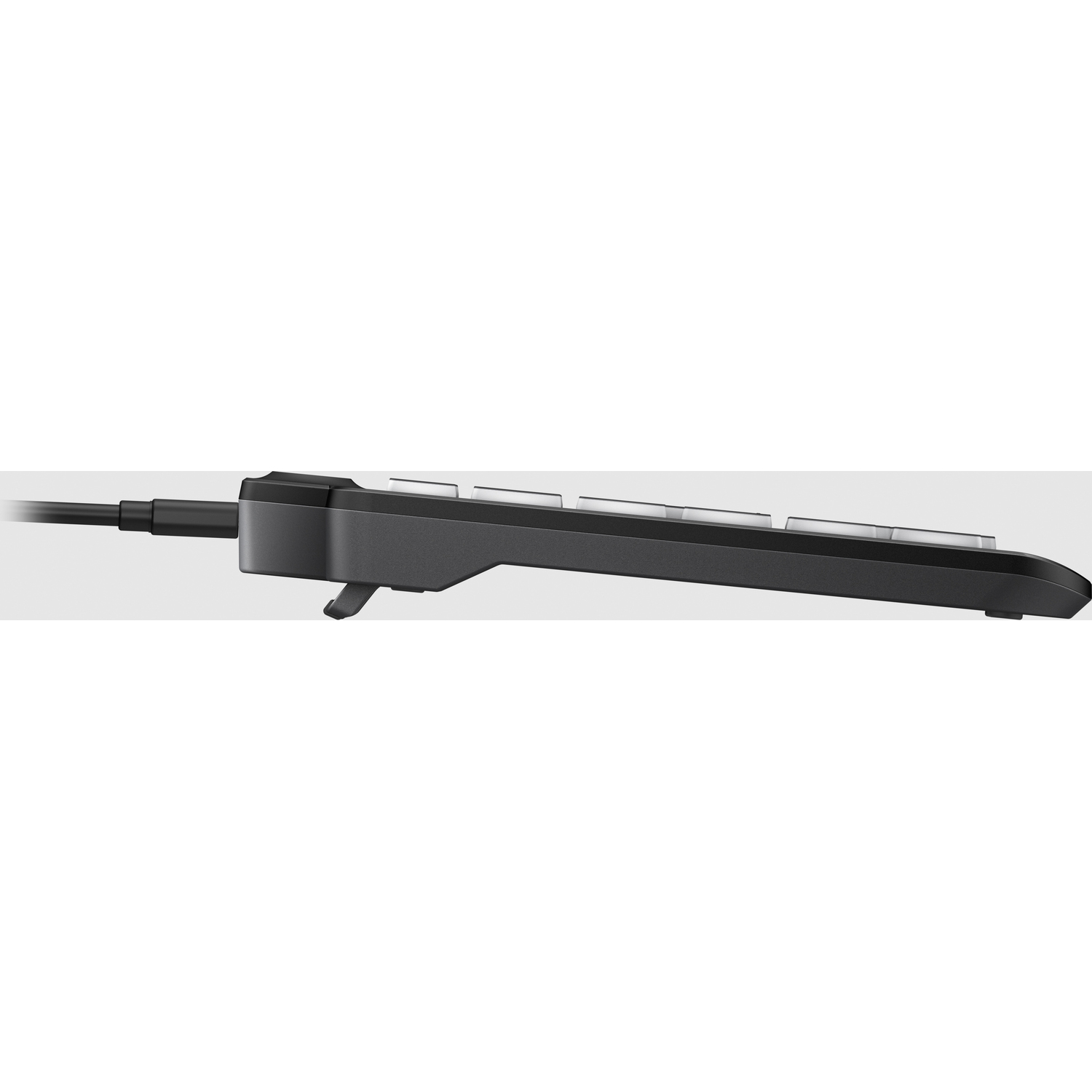 Black keyboard with a cable, side view with visible keys and a connection port.