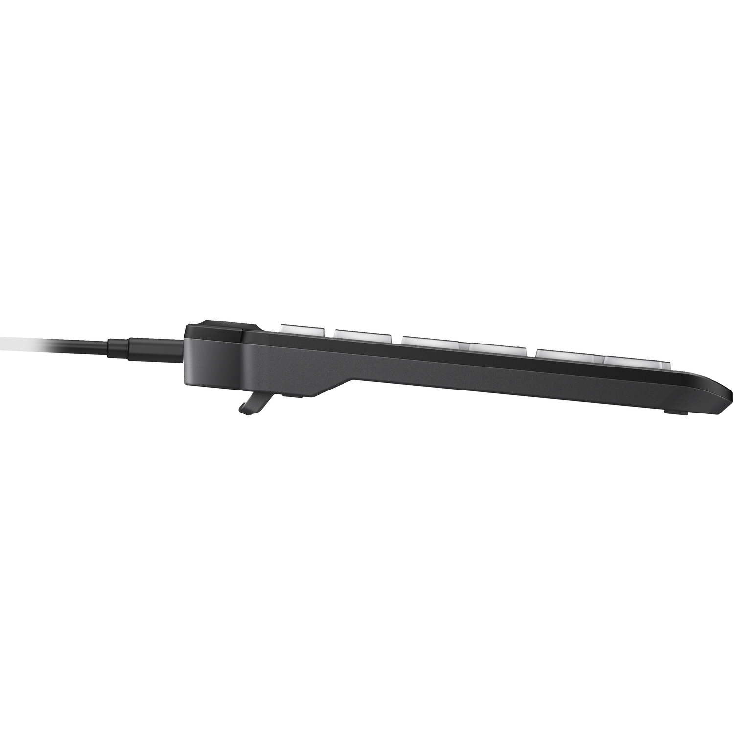 Black keyboard with a cable, seen from the side. It has keys and a small button.