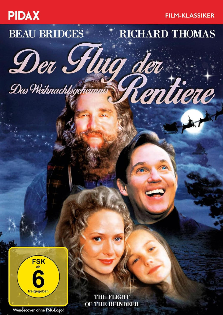 Filmplakat: Beau Bridges, Richard Thomas. Eine Familie, Nachthimmel, Rentiere und Text. Der Flug der Rentiere.
