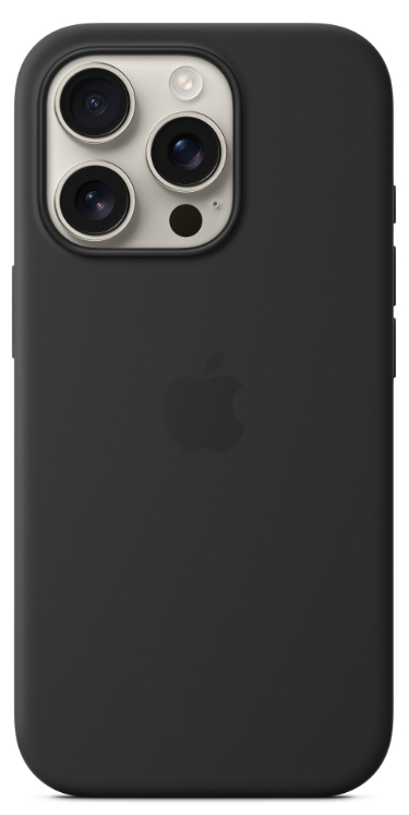 Czarny futerał na telefon z logo Apple i wypukłością aparatu.