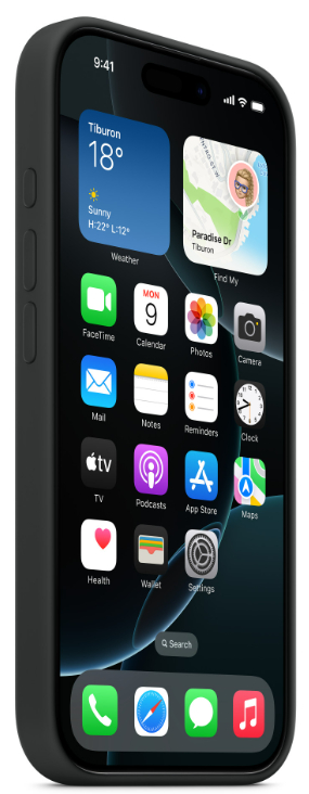 Czarny iPhone z widżetami na ekranie. Widżety pogody i mapy widoczne. Czarna obudowa. Czarne tło.