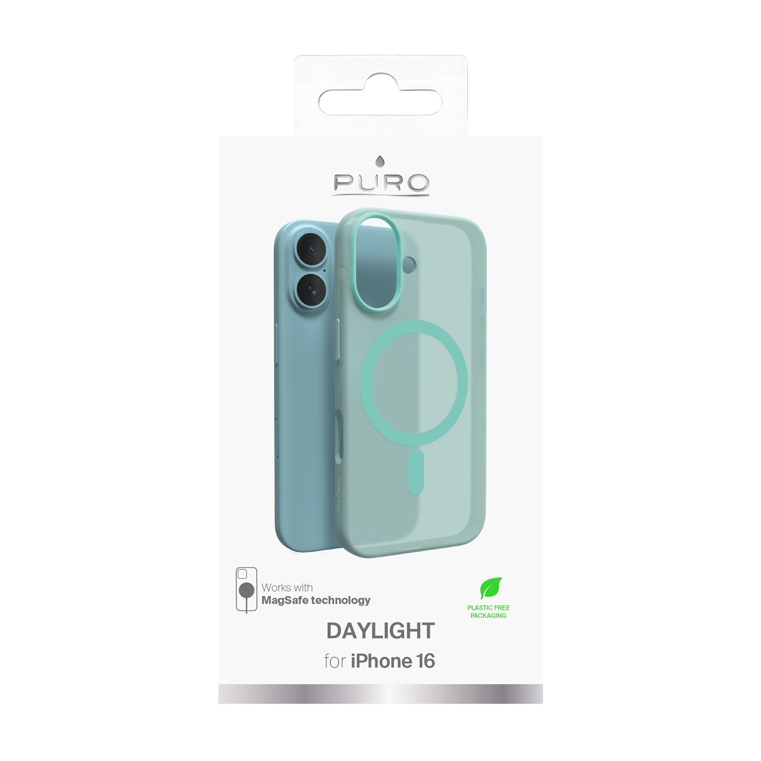 Custodia per iPhone 16 in una confezione. La custodia è blu e la confezione menziona MagSafe.