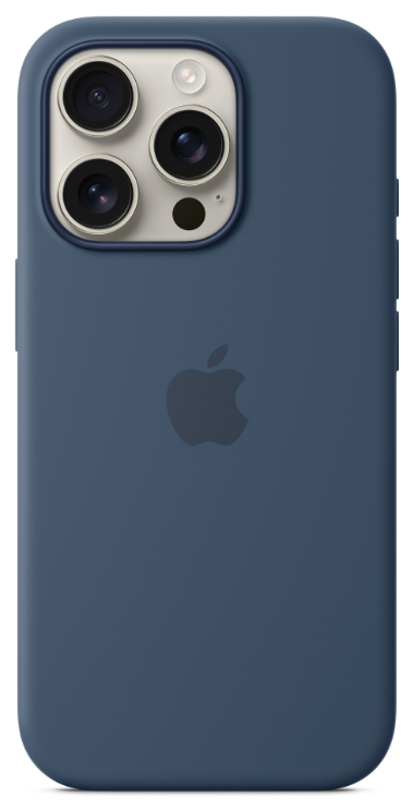 Granatowe etui na iPhone'a z logo Apple na białym tle.