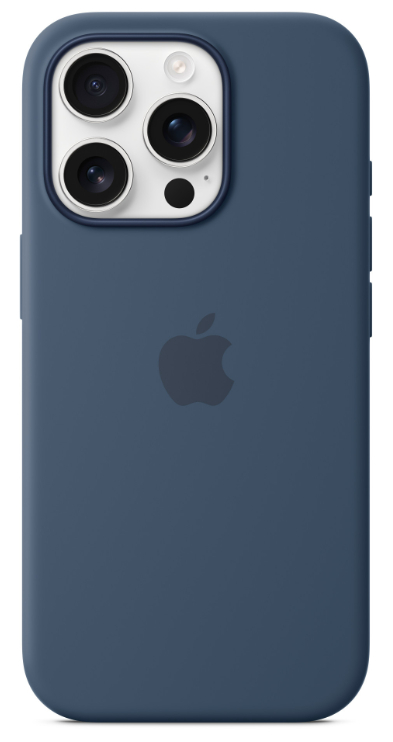 Ciemnoniebieskie etui na telefon z logo Apple, widoczne obiektywy aparatu.