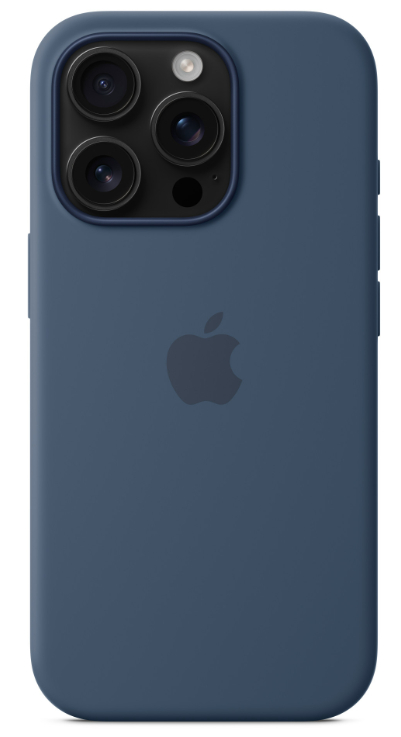 Niebieskie etui na iPhone'a z trzema obiektywami, logo Apple.