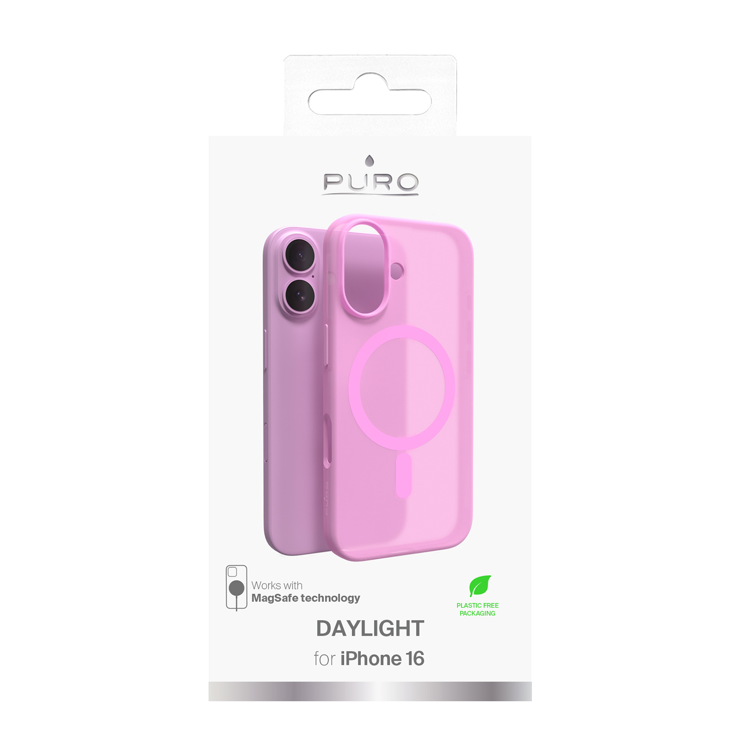 Custodia rosa e telefono nella confezione. La custodia ha un anello MagSafe. Testo: Daylight per iPhone 16.