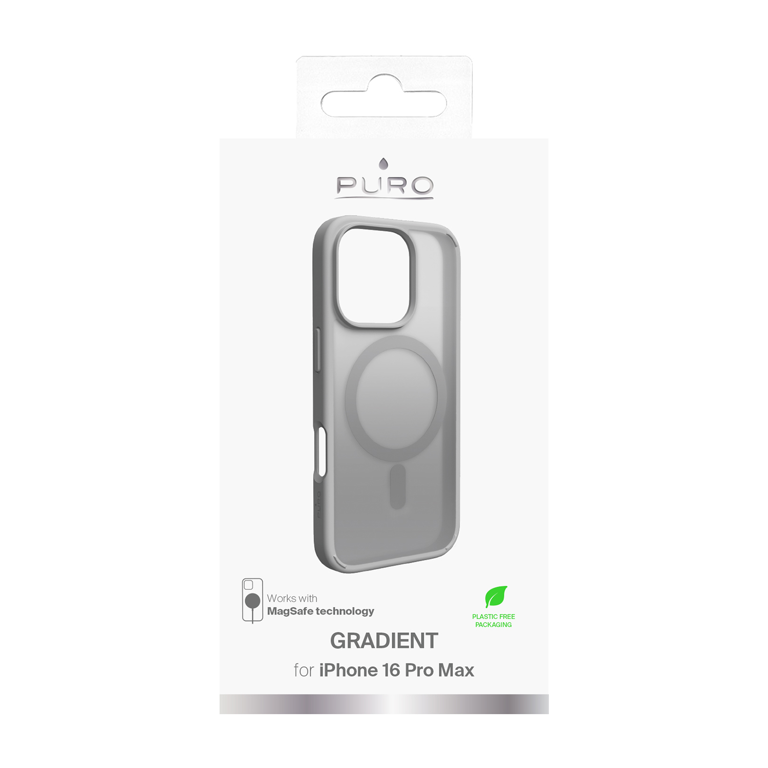 Custodia grigia per iPhone in confezione. La custodia ha un anello magnetico.