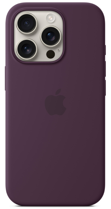 Zbliżenie na iPhone'a w głębokofioletowym etui, widoczny aparat.