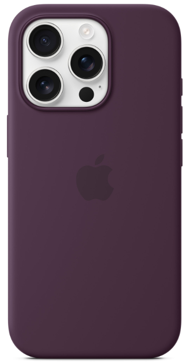 Fioletowe etui na telefon z wycięciami na aparat i logo Apple.