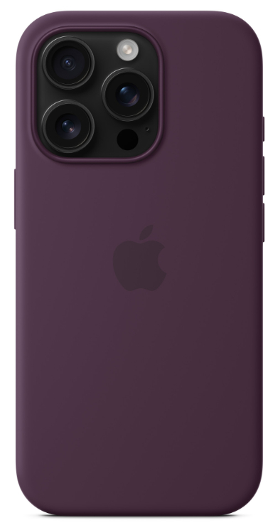 Fioletowe etui na telefon z wycięciami na aparat i logo Apple. Tył jest gładki.