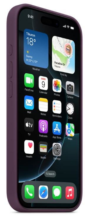 Fioletowy iPhone w etui, pokazujący ekran główny z ikonami aplikacji i widżetem pogody.