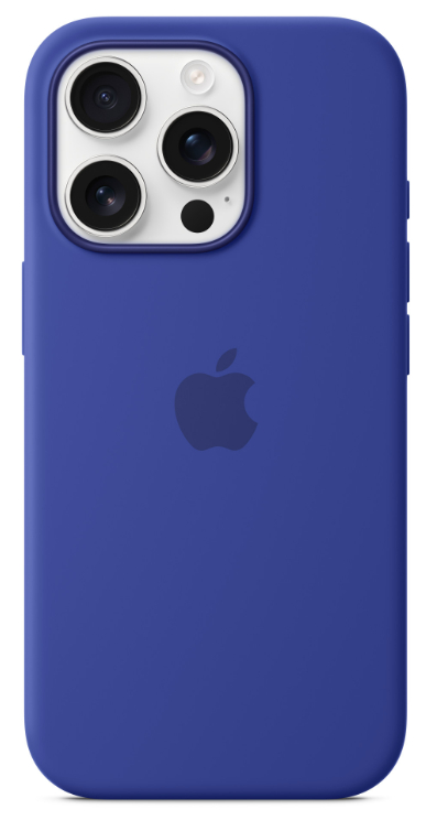 Niebieskie etui na iPhone z logo Apple, z wycięciem na aparat z wieloma obiektywami.