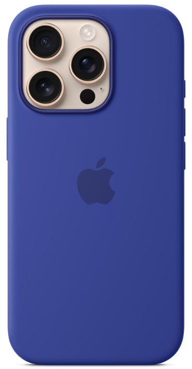 Niebieskie etui na iPhone z logo Apple, z wypukłością na aparat. Gładkie, jednolite.