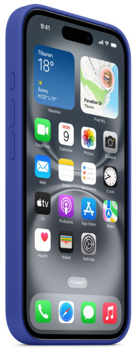 iPhone w niebieskim etui wyświetlający ekran główny z aplikacjami. Widoczna pogoda, kalendarz, zdjęcia, mapy.