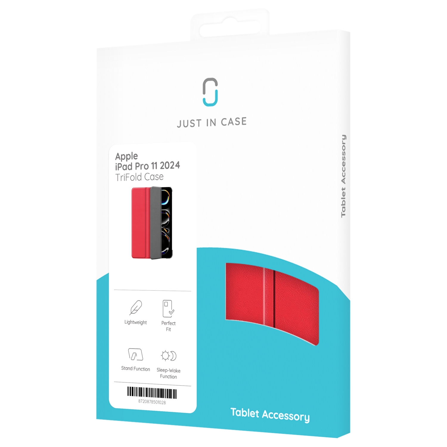 Red iPad case in a white and blue box. White background.