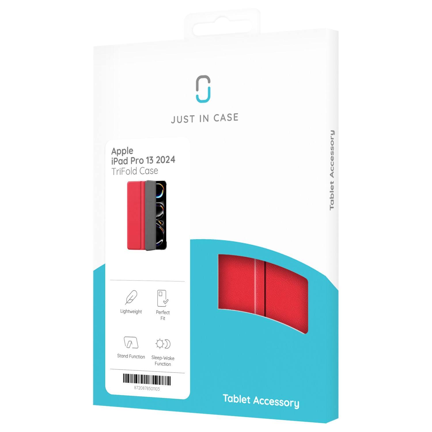 White box, tablet case, red case inside, with descriptions: lightweight, perfect fit.