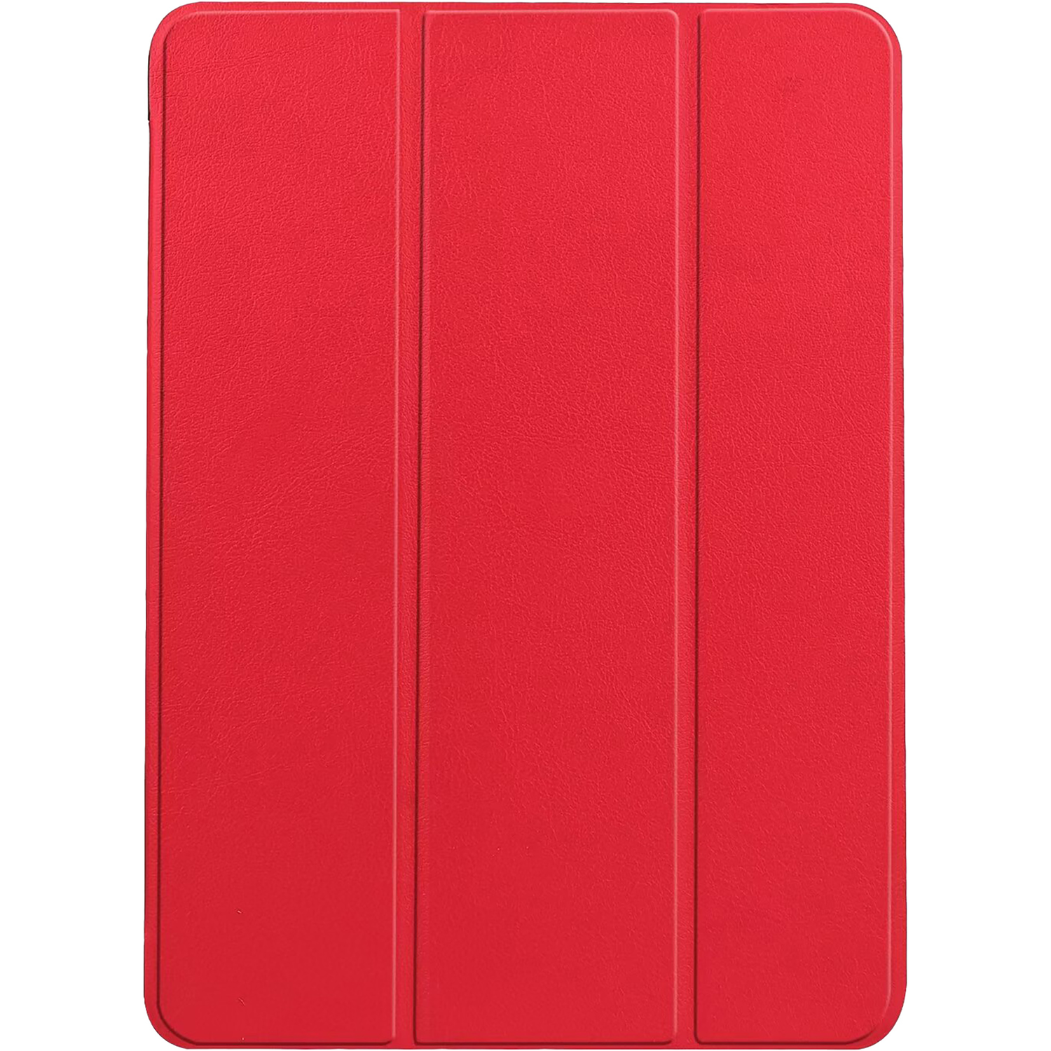 A red, tri-fold case for a tablet, with a textured surface.