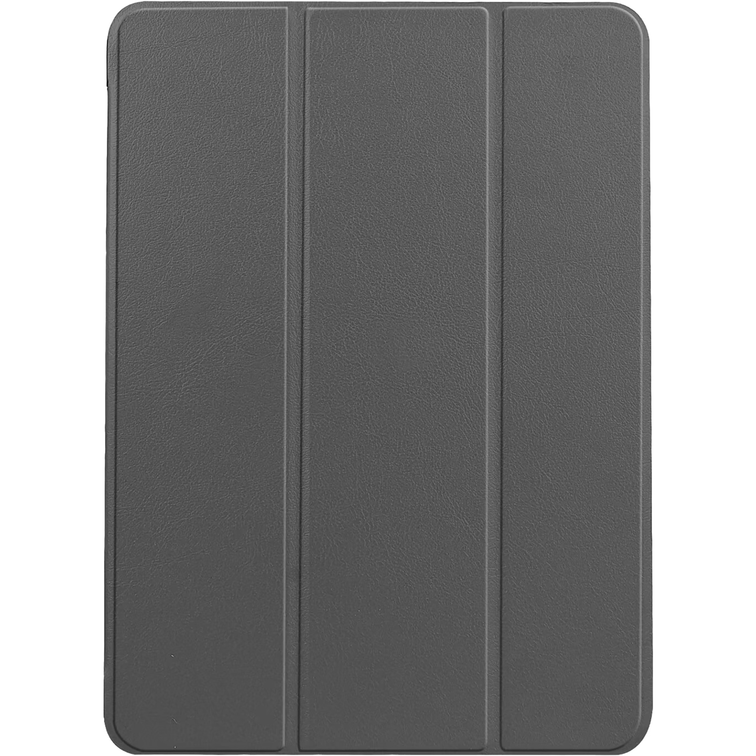 A closed, dark grey tablet case with three vertical segments.