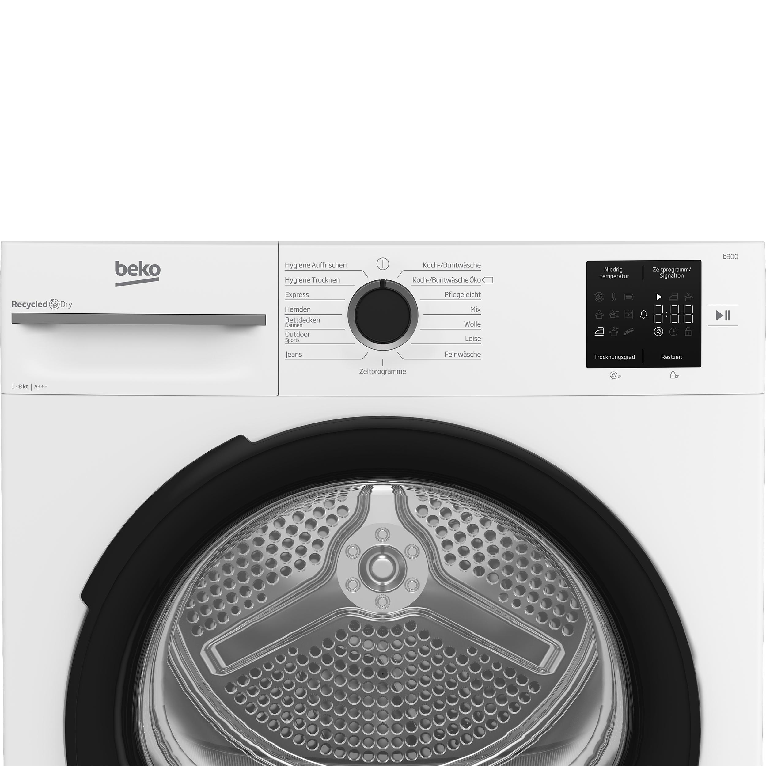 Ein weißer Beko Trockner mit Bedienfeld und Display.