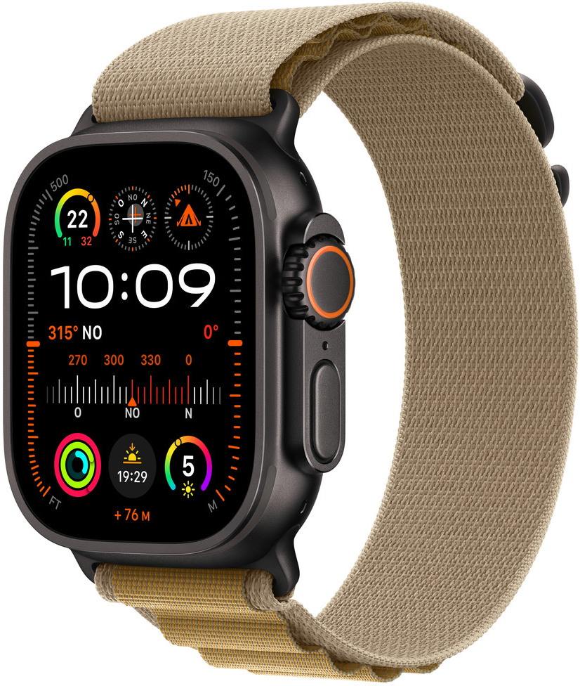 Schwarze Apple Watch Ultra mit beigefarbenem Armband. Zeigt Zeit und Gesundheitsdaten.