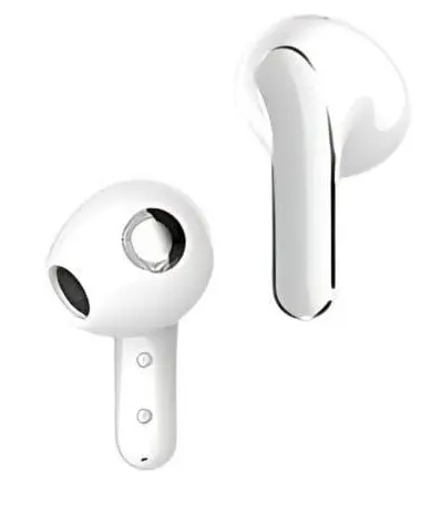 Dwa białe słuchawki. Lewy jest pod kątem, pokazując mikrofon i dwa przyciski.