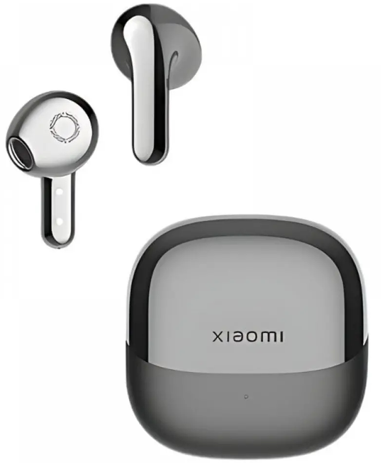 Słuchawki i etui ładujące są wyświetlane na białym tle, w srebrnym kolorze.