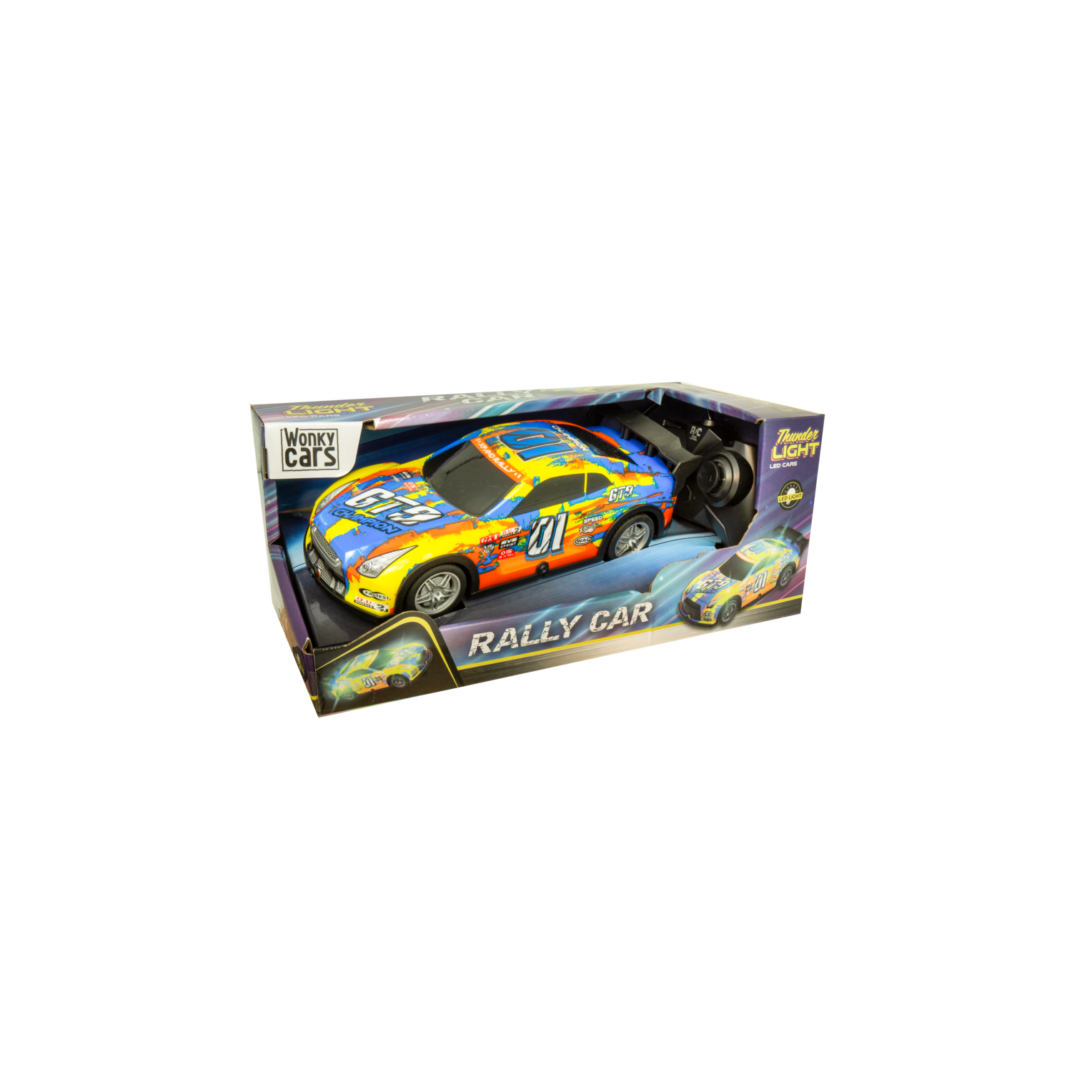 Speelgoed rallyauto in een doos. Auto is kleurrijk met race-stickers. Doos heeft de auto-afbeelding en de woorden 'RALLY CAR'.